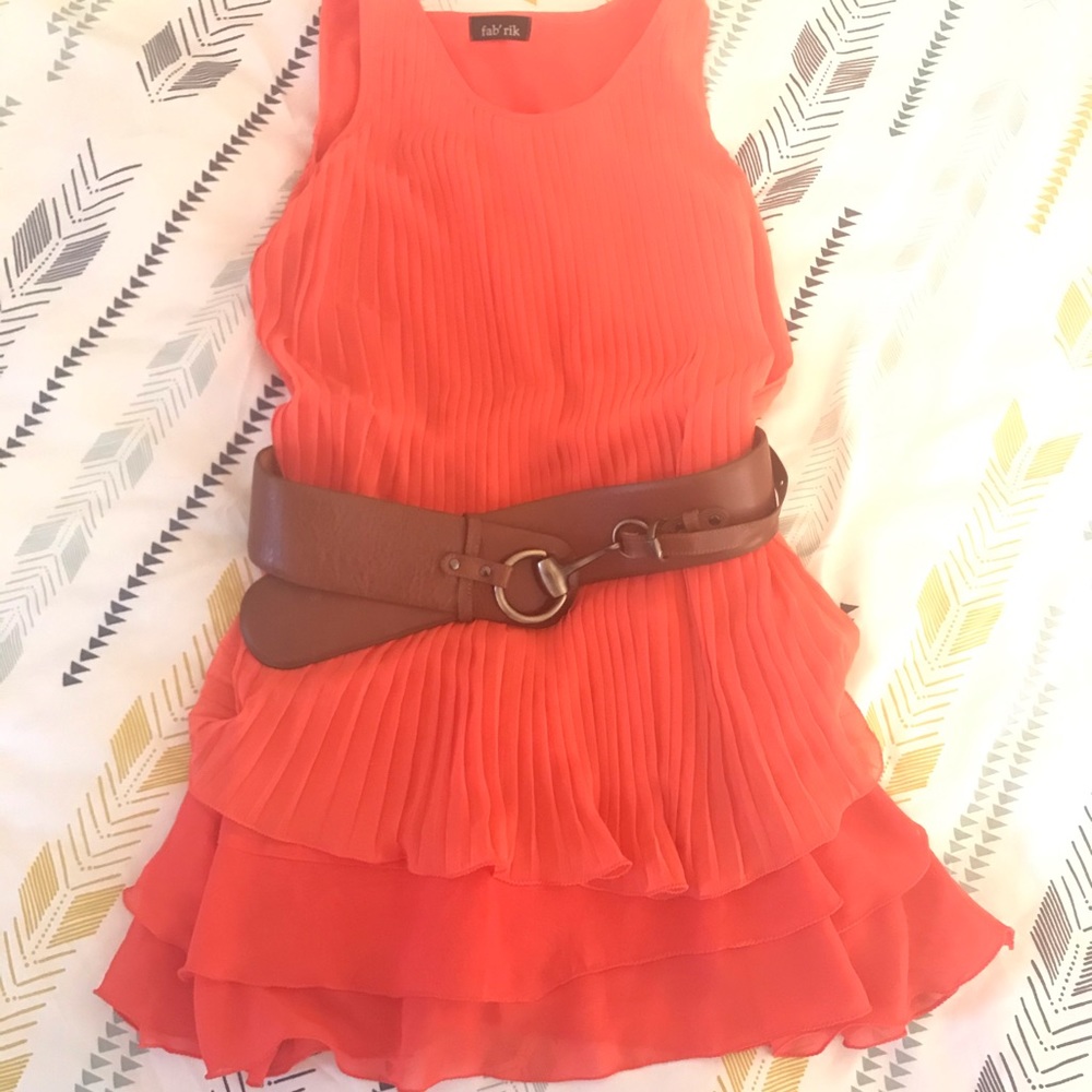 babk Orange Pleated Tiered Sleeveless Dress
